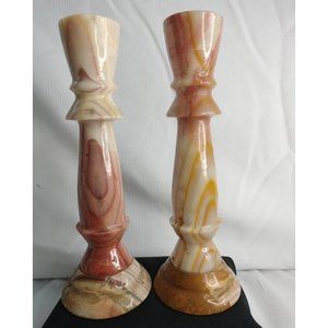 Vintage Marble Candle Holder Set Of Two Pink &  Beige Tone Made In Mexico...